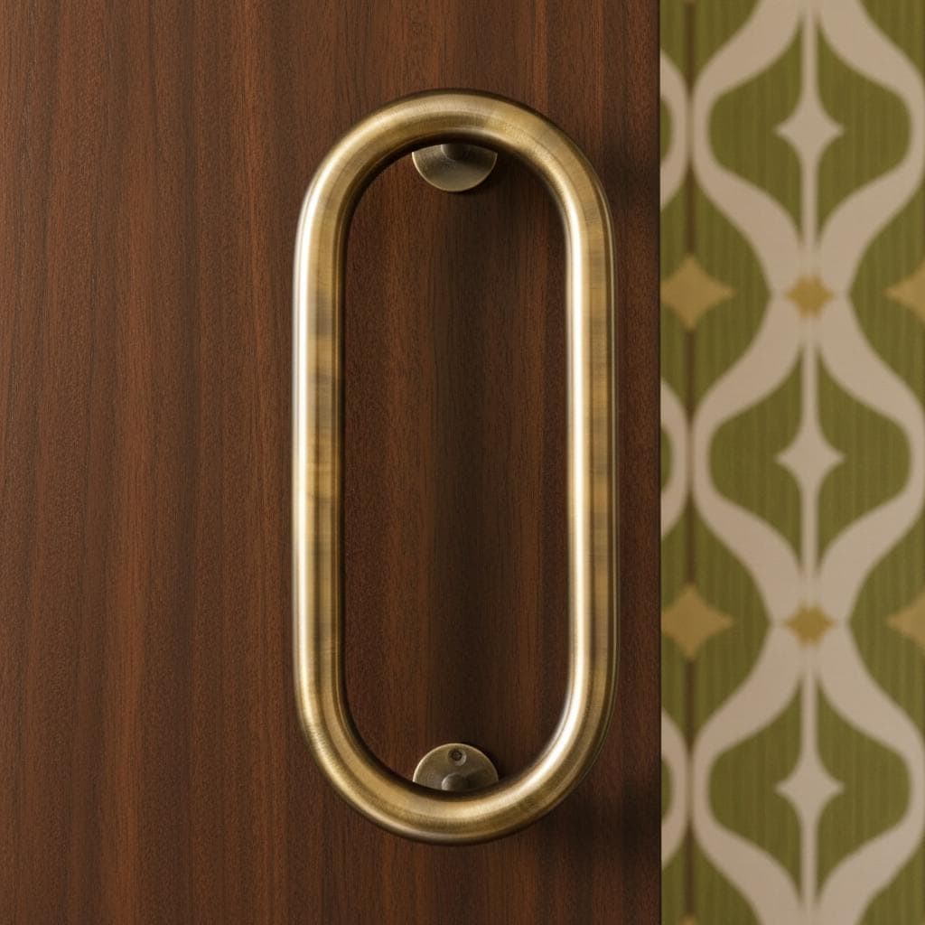 Brass door handle on a wooden door with a patterned background