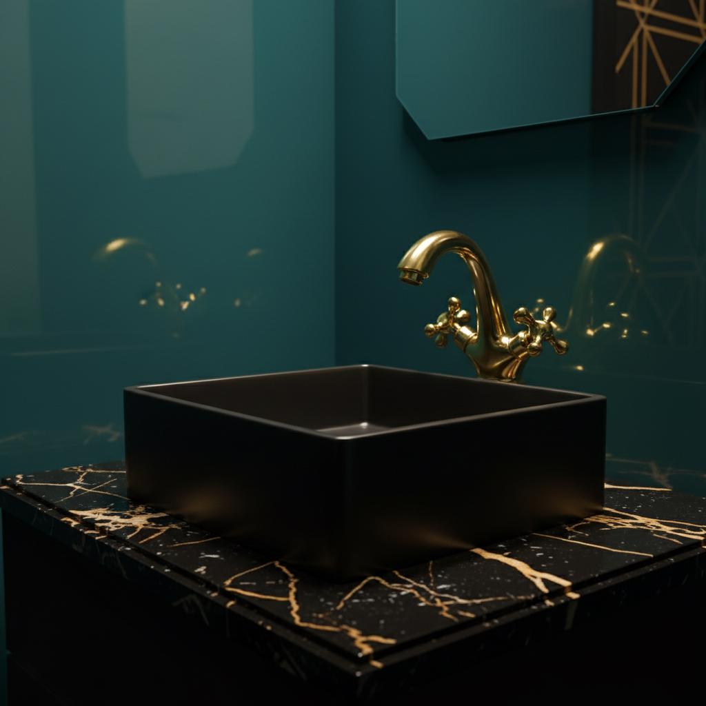Black sink with gold faucet against a teal wall