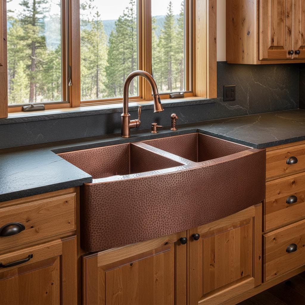 Copper farmhouse sink in a rustic kitchen with wooden cabinets and a window view of trees.