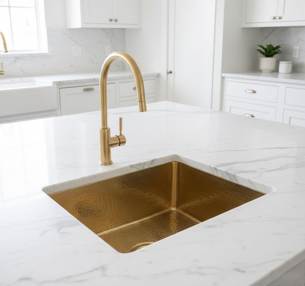 Gold kitchen sink and faucet in a modern white kitchen
