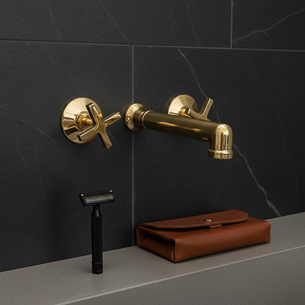 Gold wall-mounted faucet on a black tiled wall with a black razor and brown leather pouch on a gray surface.