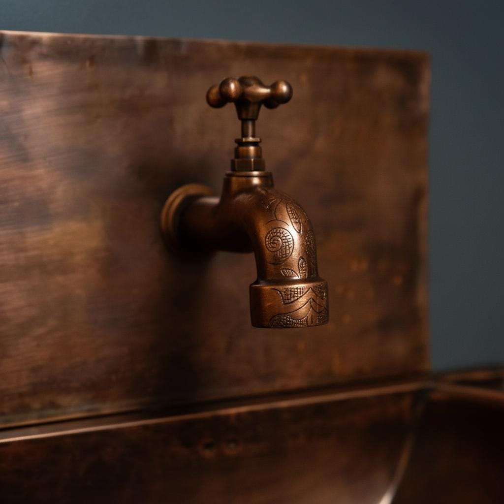Bronze faucet on a copper sink with a dark background