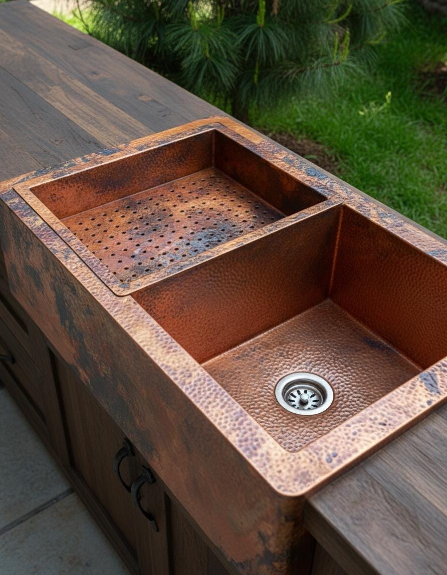 Copper kitchen sink with textured surface on a wooden outdoor countertop