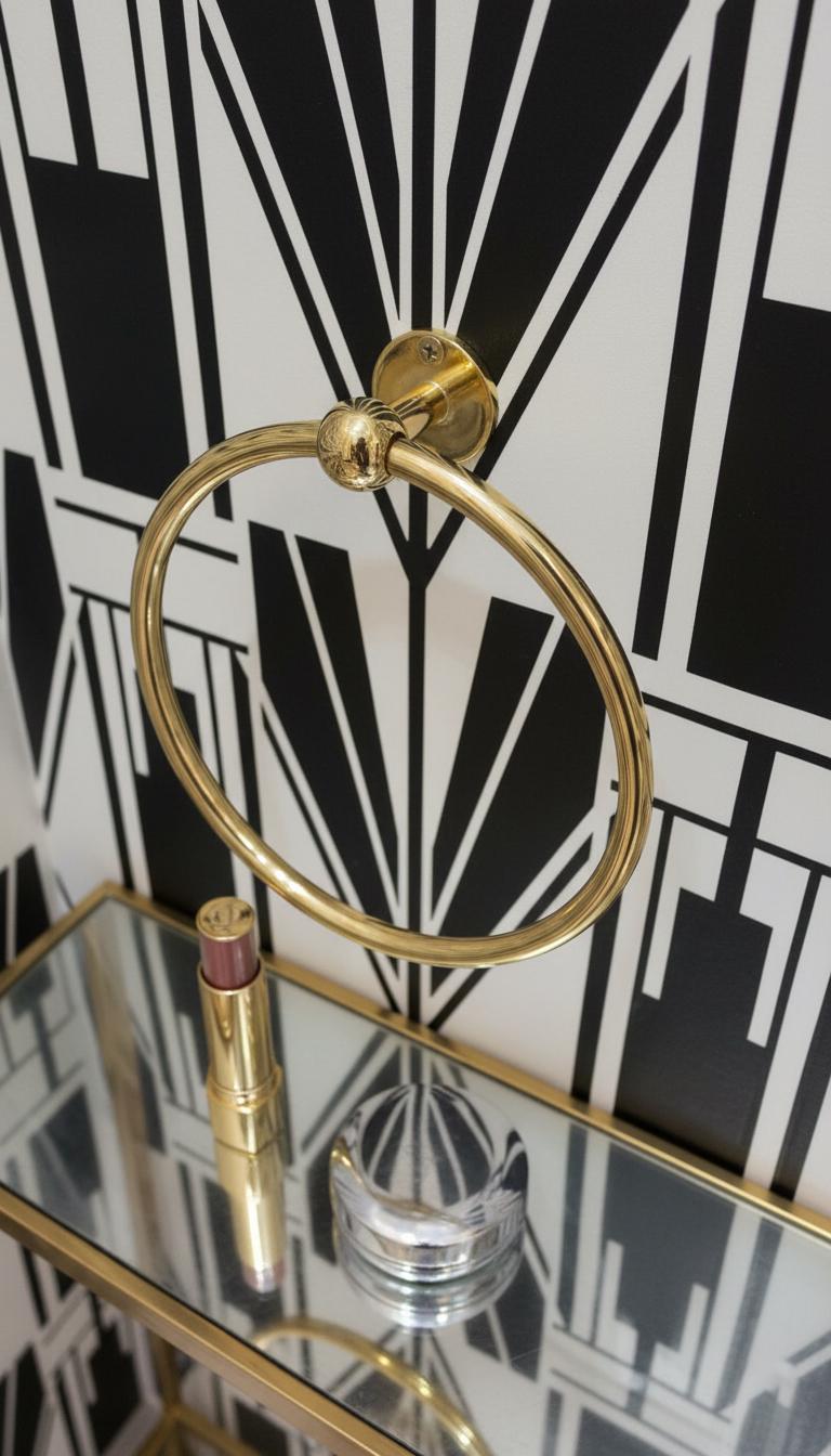 Gold towel ring on a black and white geometric wall with a glass shelf below.