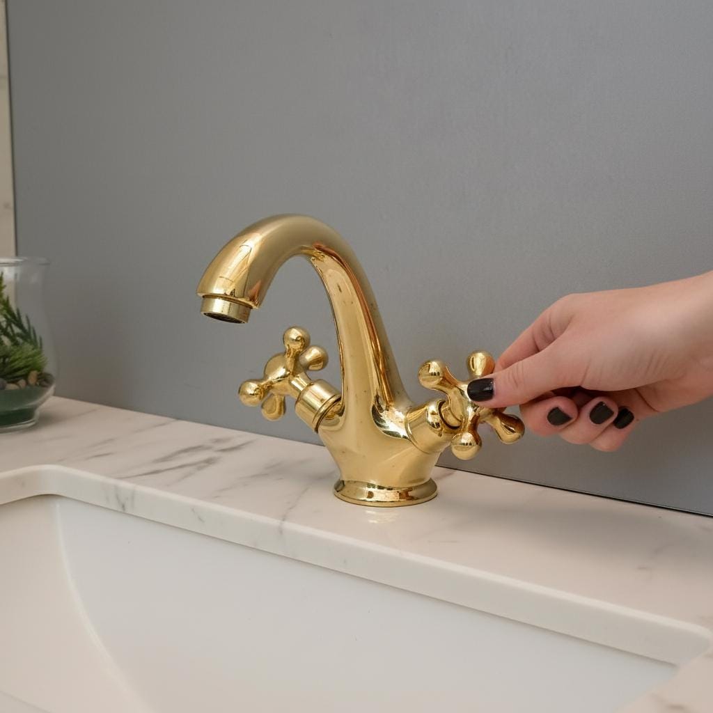 Gold faucet being turned by a hand on a marble countertop with a neutral background