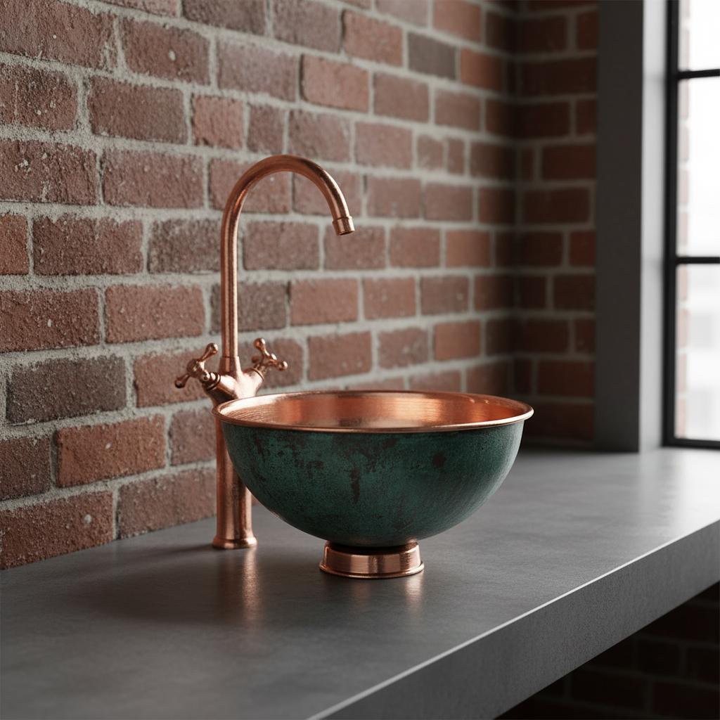 Copper sink and faucet against a brick wall