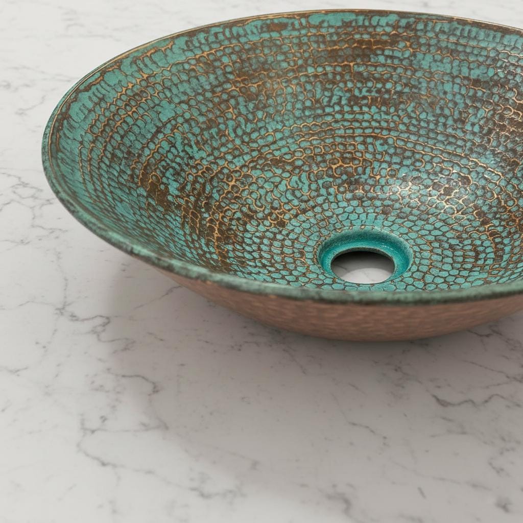 Teal glass sink on a marble countertop with a white tiled wall background