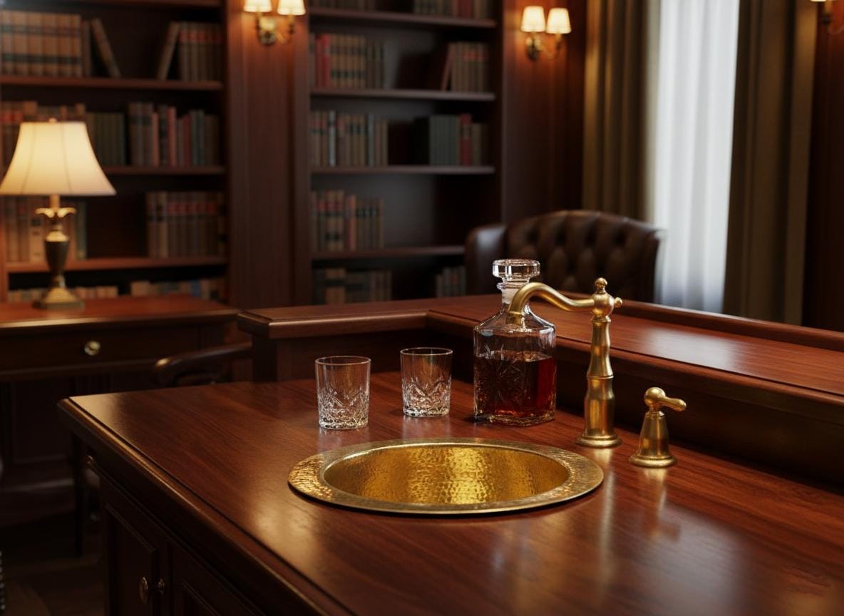 Bar setup with decanter, glasses, and gold tray on a wooden bar counter.