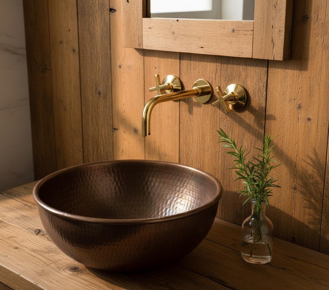 Copper sink on a wooden countertop with gold faucet and wooden wall paneling.