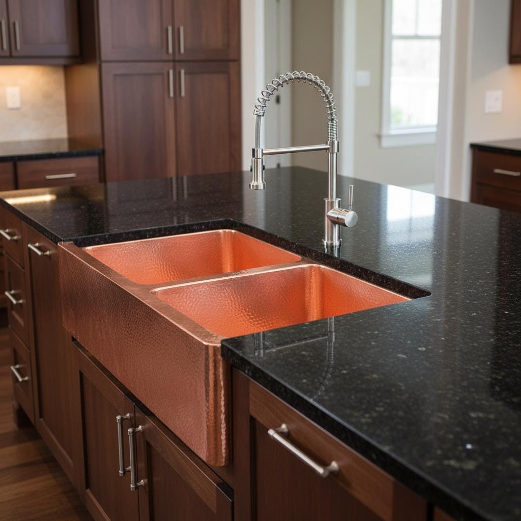 Copper farmhouse sink with a modern faucet in a kitchen setting.