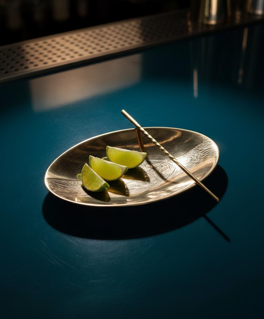 Three lime wedges on a gold plate with a bar setting in the background