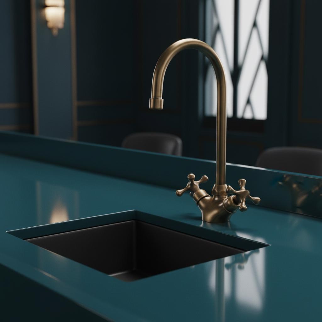 Modern kitchen sink with gold faucet against a dark background