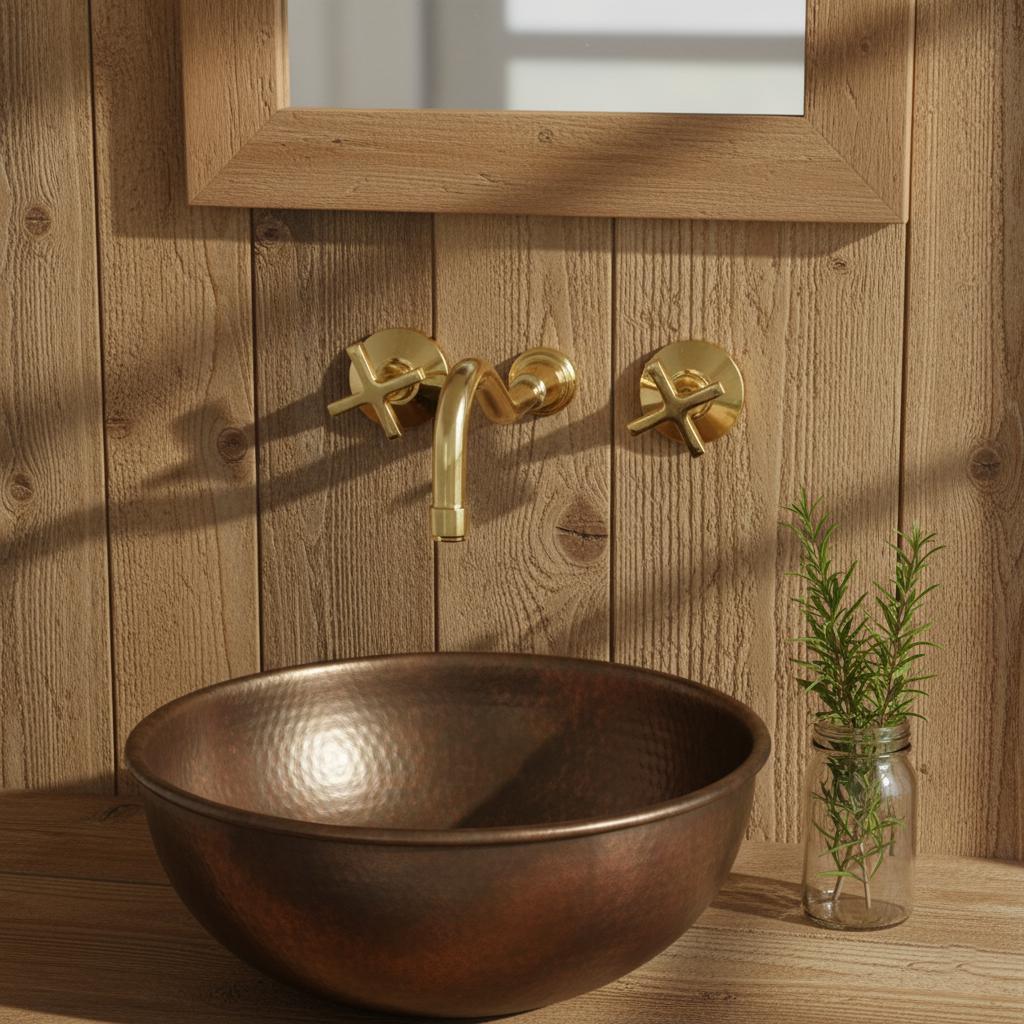 Copper sink with gold faucet against a wooden wall
