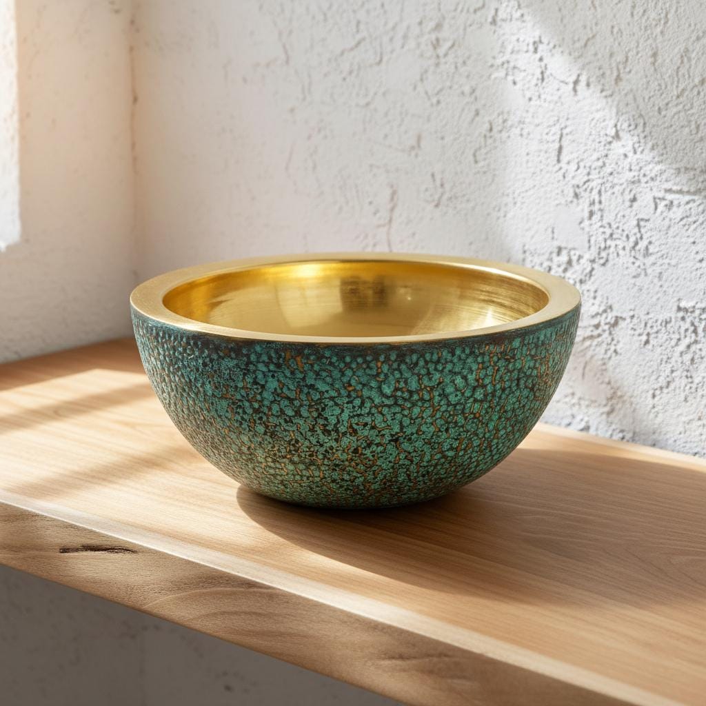 Decorative bowl with gold interior and turquoise exterior on a wooden surface.