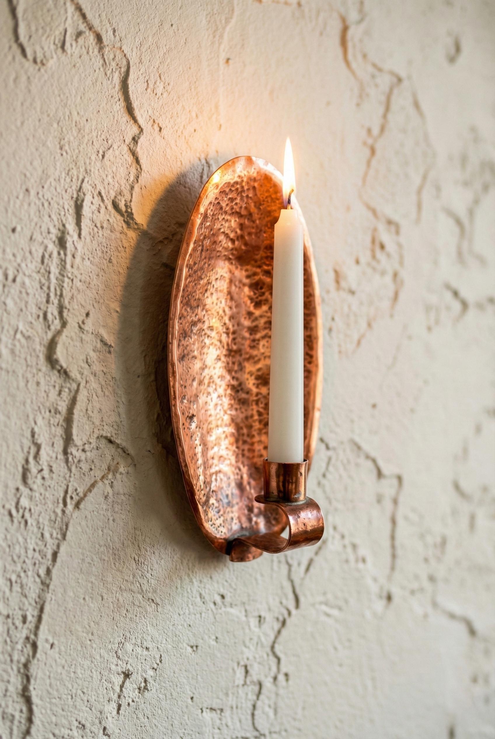 Copper wall sconce with a lit candle on a textured wall.
