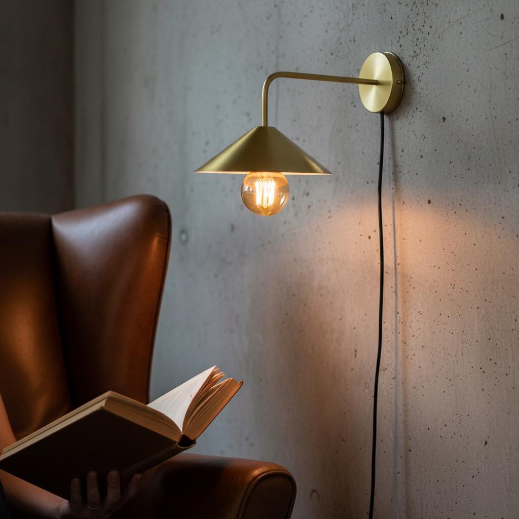 Gold wall lamp casting a warm glow on a textured wall with a brown leather chair and open book.