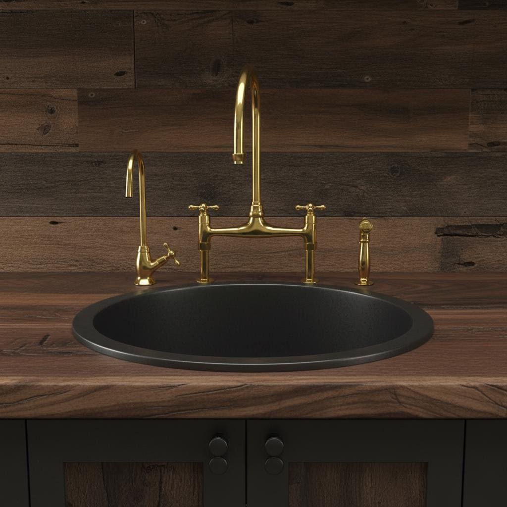 Black sink with gold faucet and handles on a wooden countertop against a wooden wall.