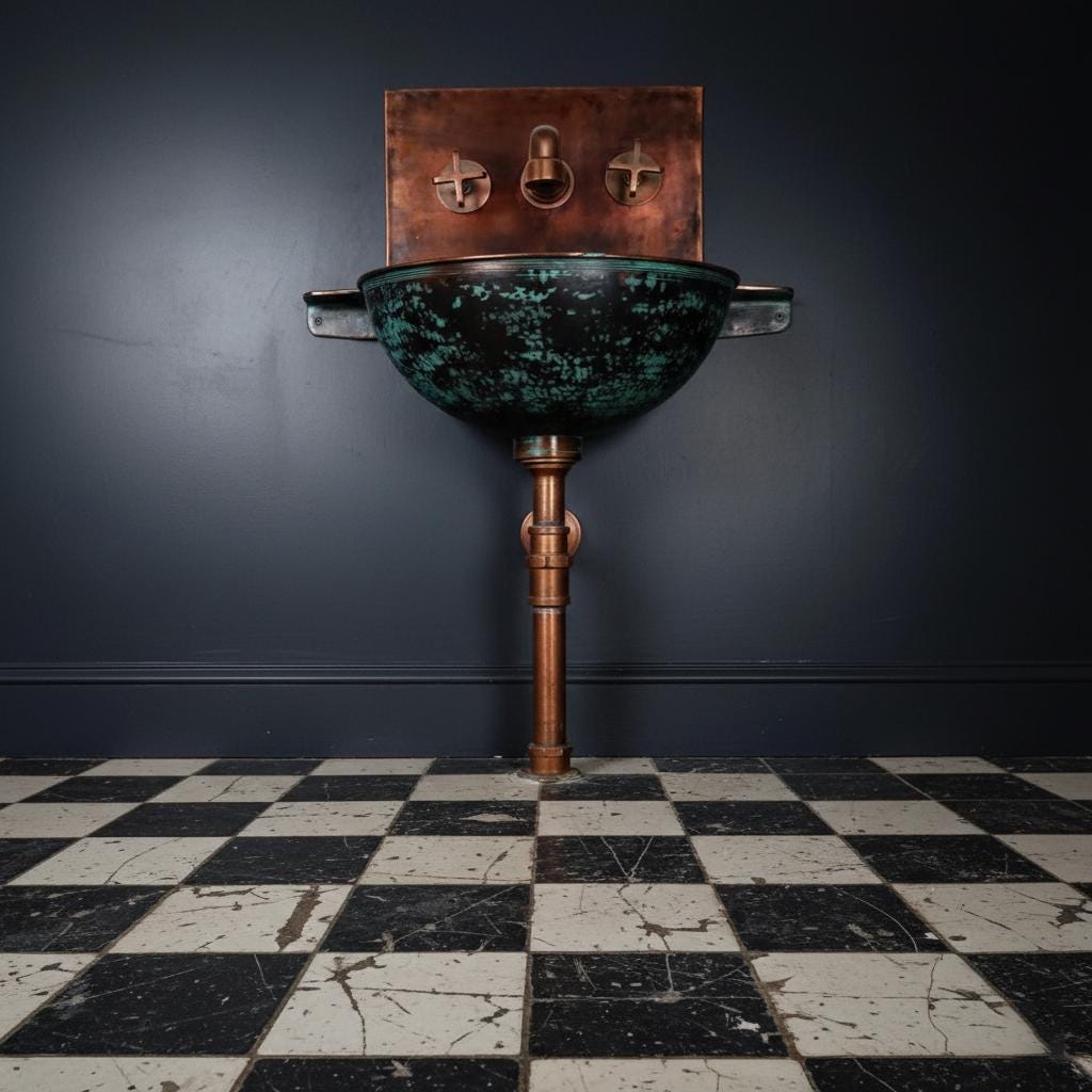 Vintage-style bathroom sink with copper fixtures against a dark wall.
