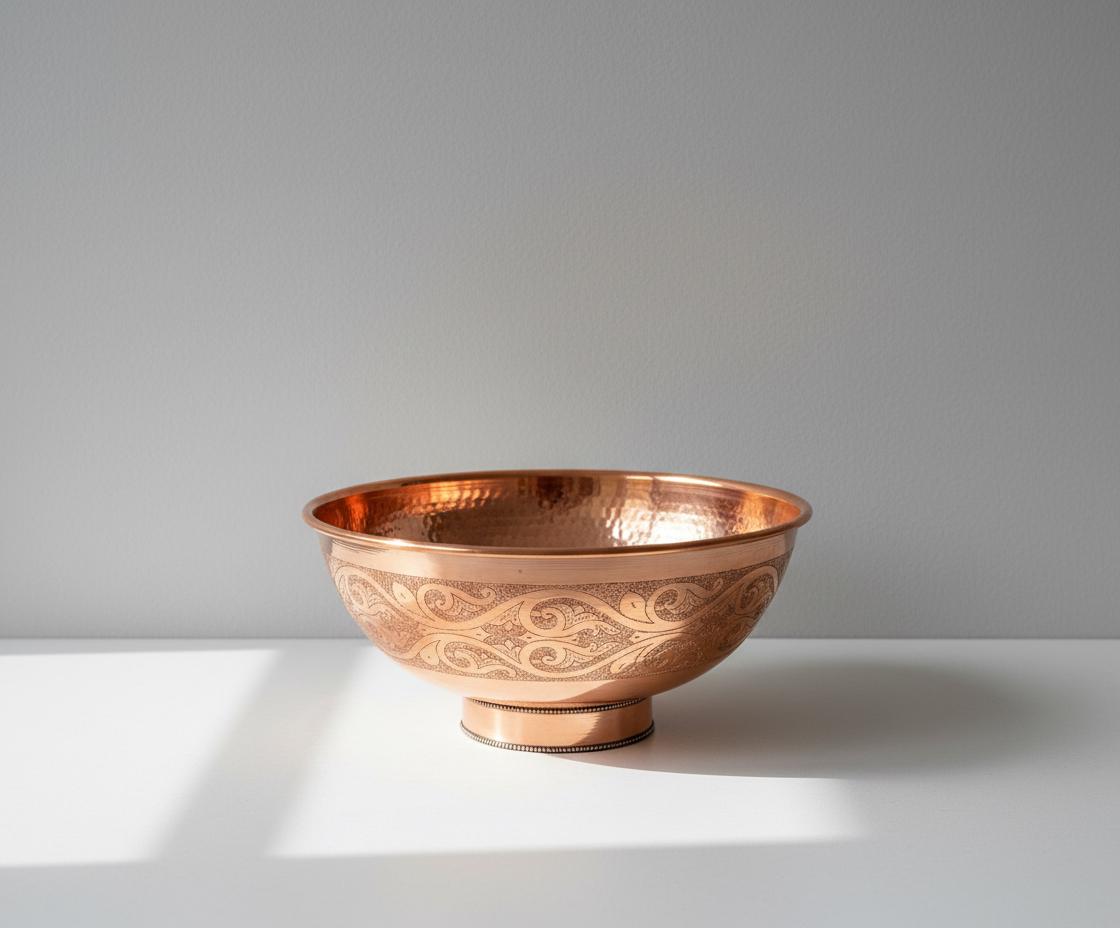 Copper bowl with intricate patterns on a white surface and gray background
