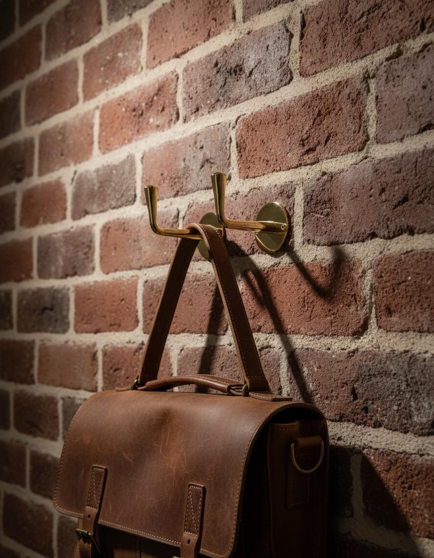 Brown leather bag hanging on a gold wall hook against a brick wall.