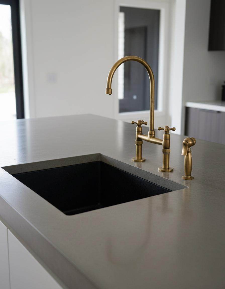 Modern kitchen sink with gold faucet and handles on a light countertop.
