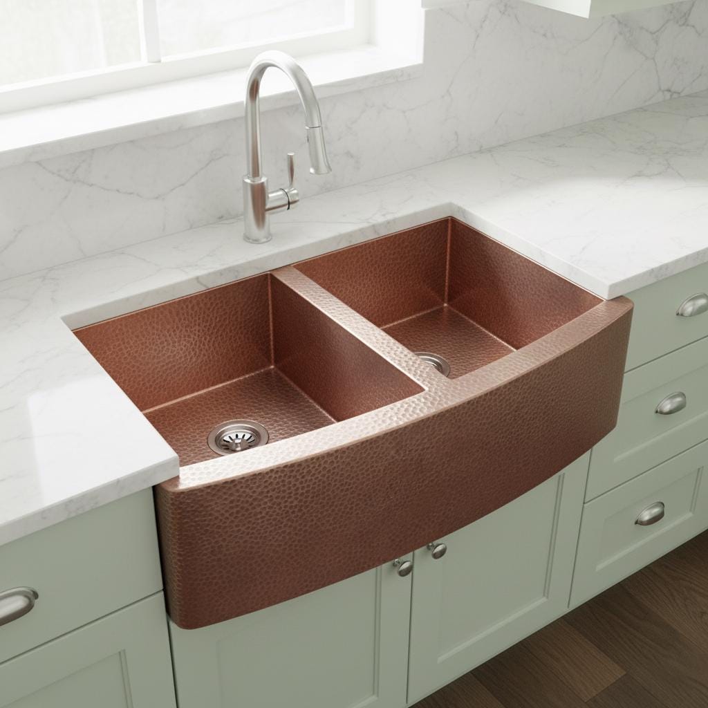 Copper kitchen sink in a modern kitchen setting with white countertops and light green cabinets.