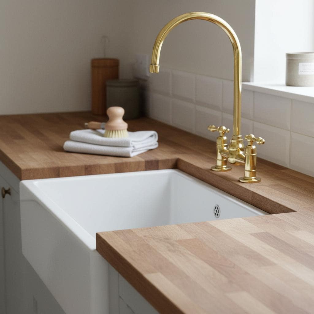 Kitchen sink with gold faucet and wooden countertop