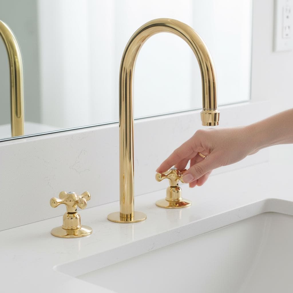 Gold faucet and handles on a black sink with geometric patterned wall behind