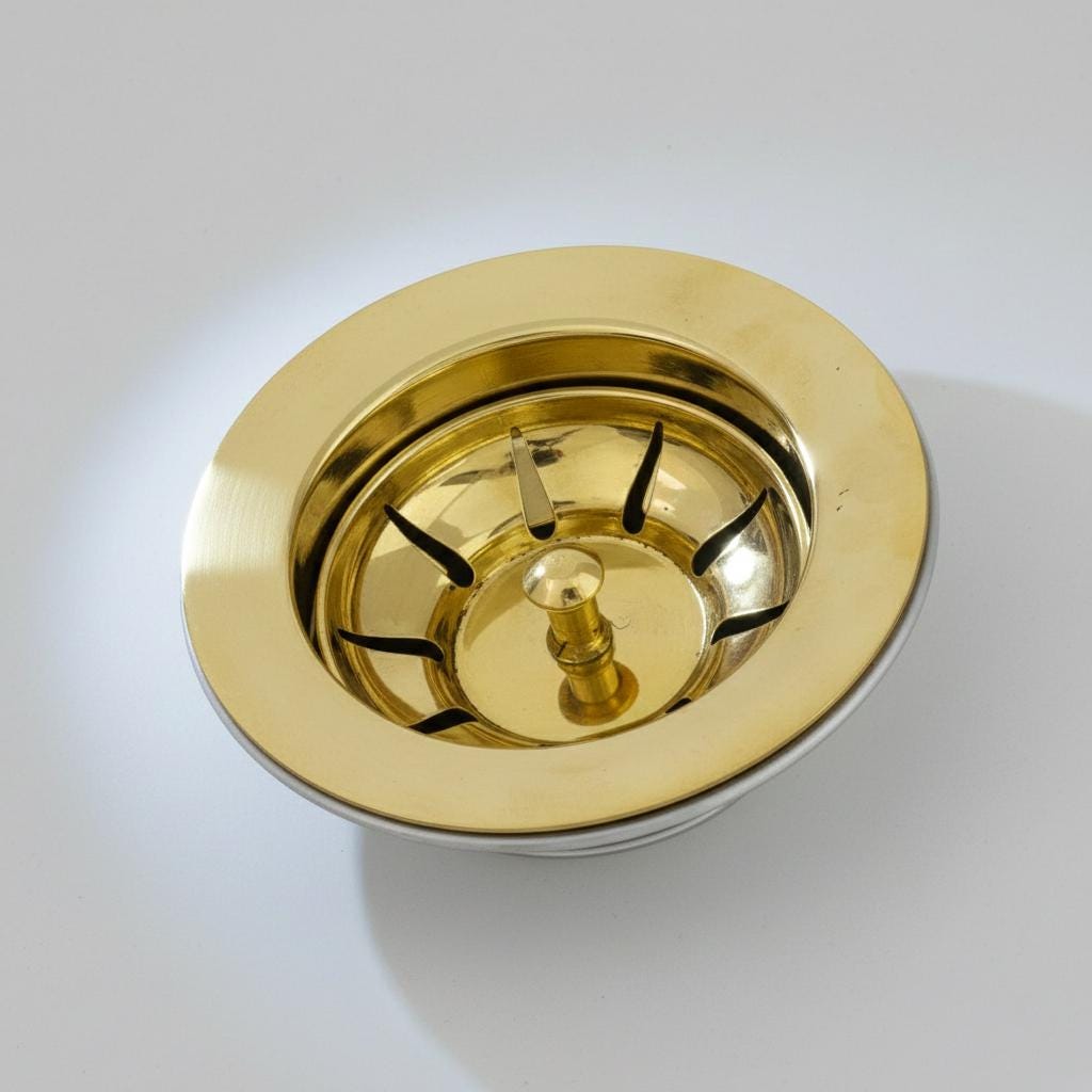 Gold-colored drain cover on a white background