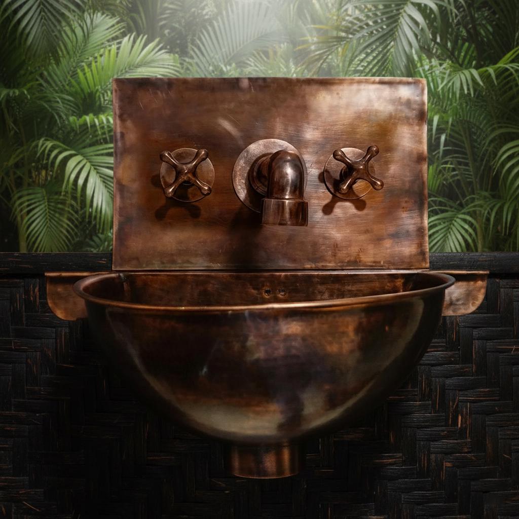 Bronze wall-mounted faucet and basin against a dark background with green foliage.