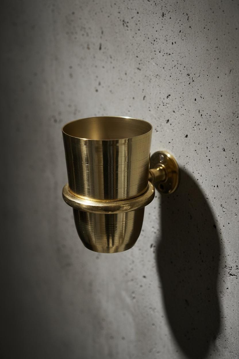 Brass wall-mounted cup holder on a textured gray wall