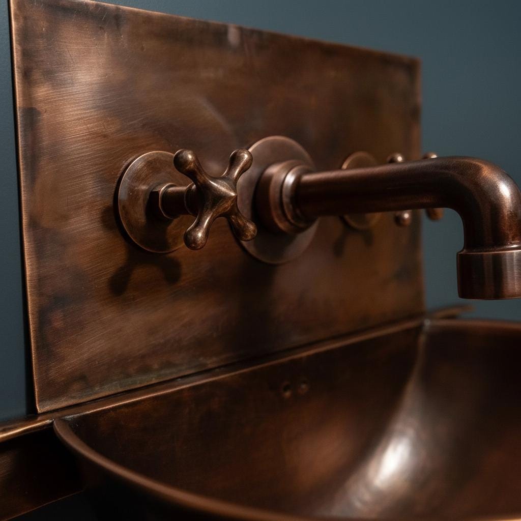 Close-up of a bronze faucet and sink with a dark background