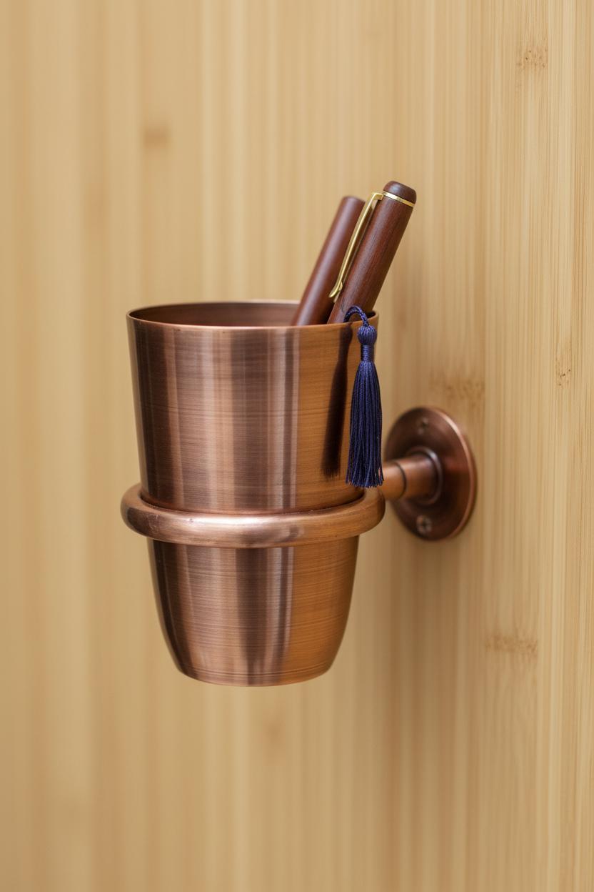 Copper wall-mounted holder with a pen and decorative item on a wooden background