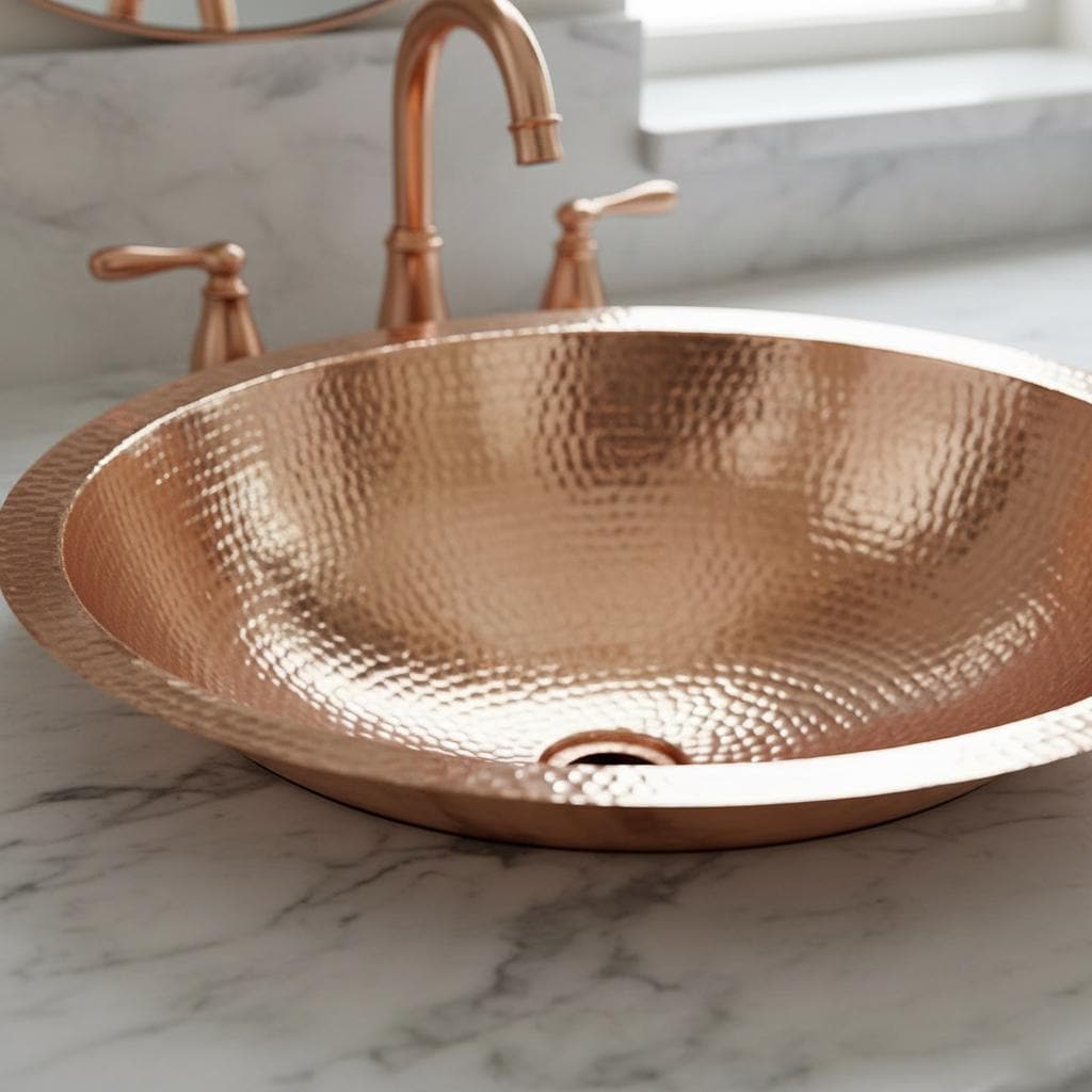Copper sink with faucet on a marble countertop