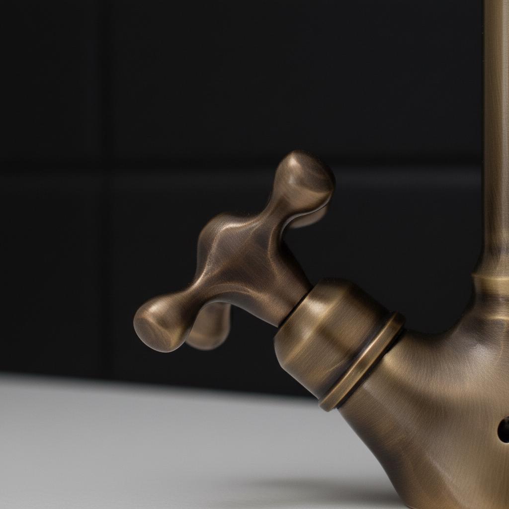 Close-up of a bronze faucet handle against a dark background