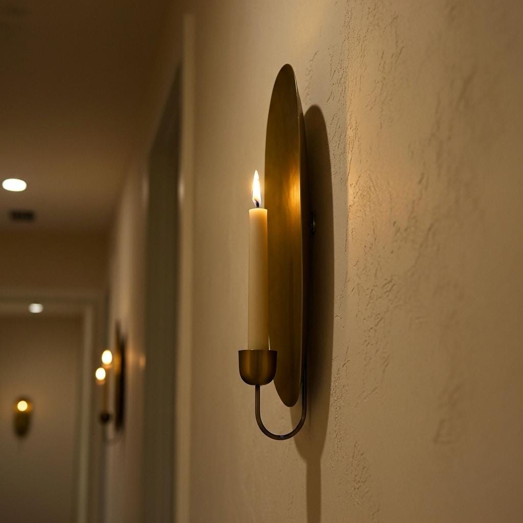 Wall-mounted candle holder with a lit candle on a textured wall.