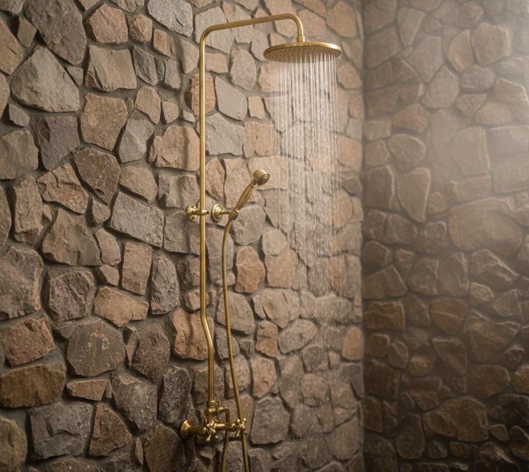 Gold shower head and fixtures against a stone wall