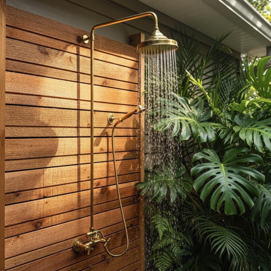 Outdoor shower with gold fixtures against a wooden wall with plants around