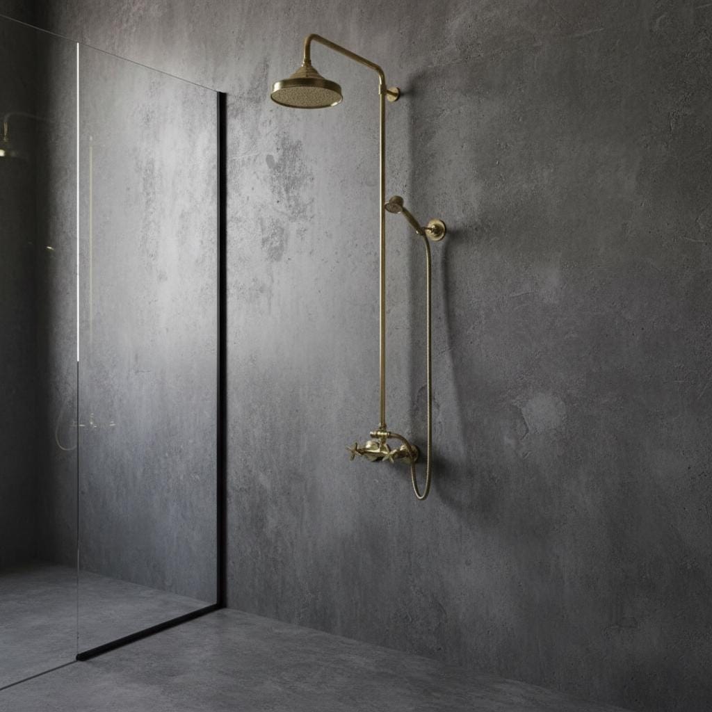 Gold shower head and control panel mounted on a gray wall in a modern bathroom.