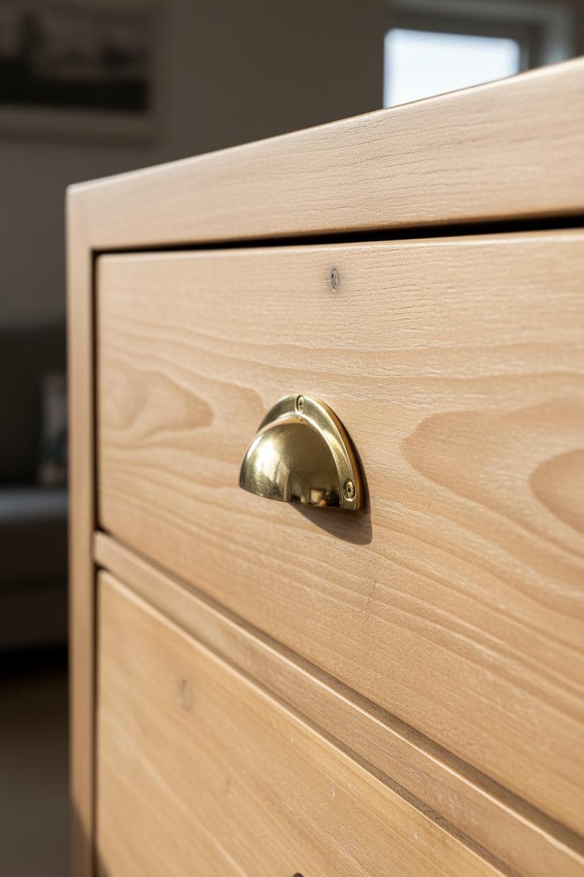Wooden drawer with a gold handle in a blurred indoor setting