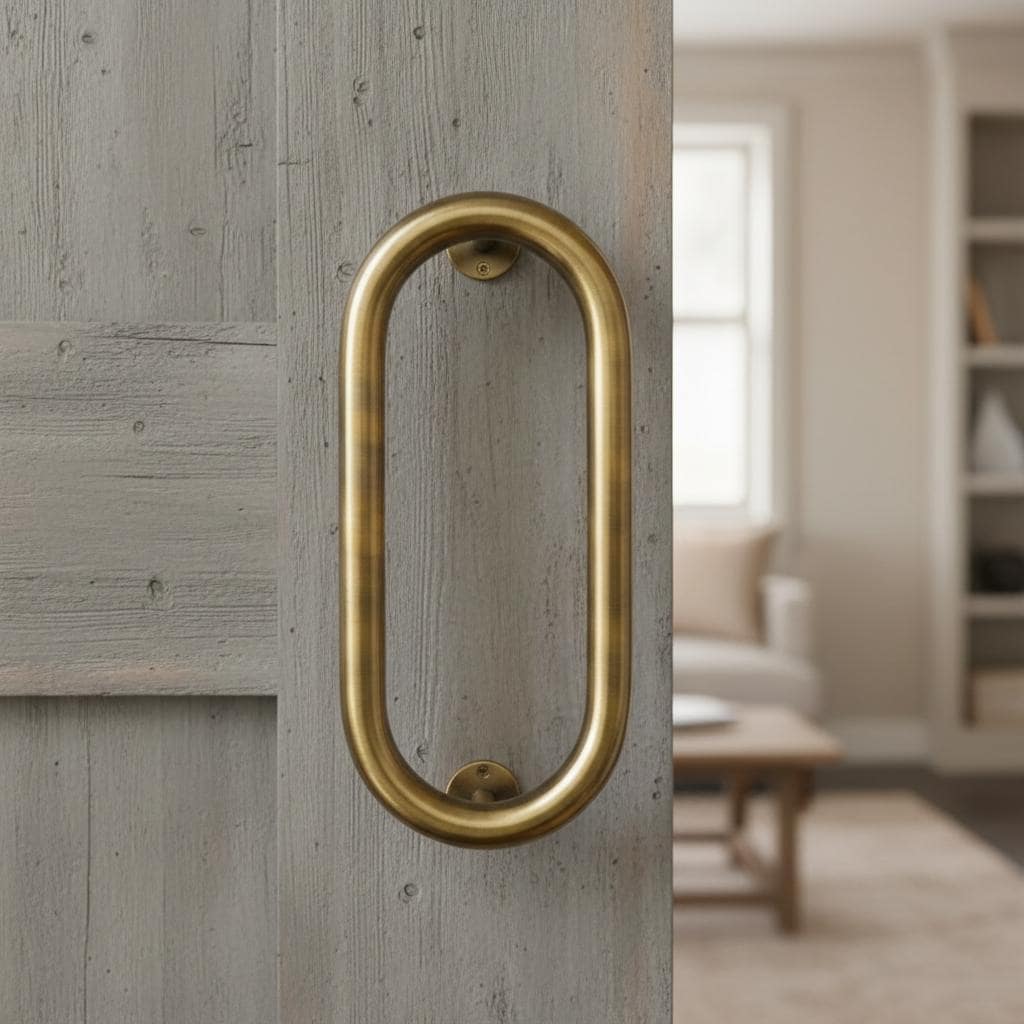 Gold door handle on a wooden door with a blurred interior background