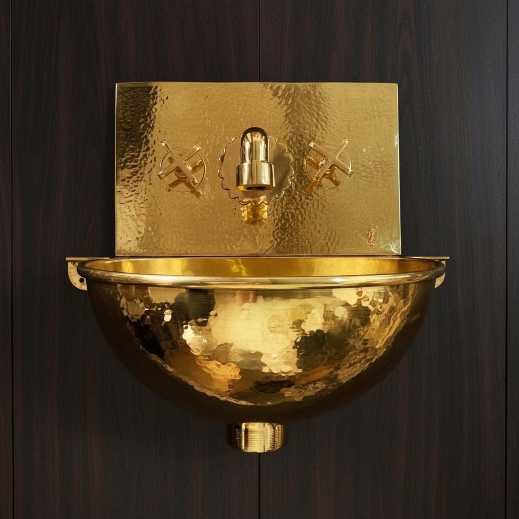 Gold wall-mounted fixture with a bowl-like design on a dark background