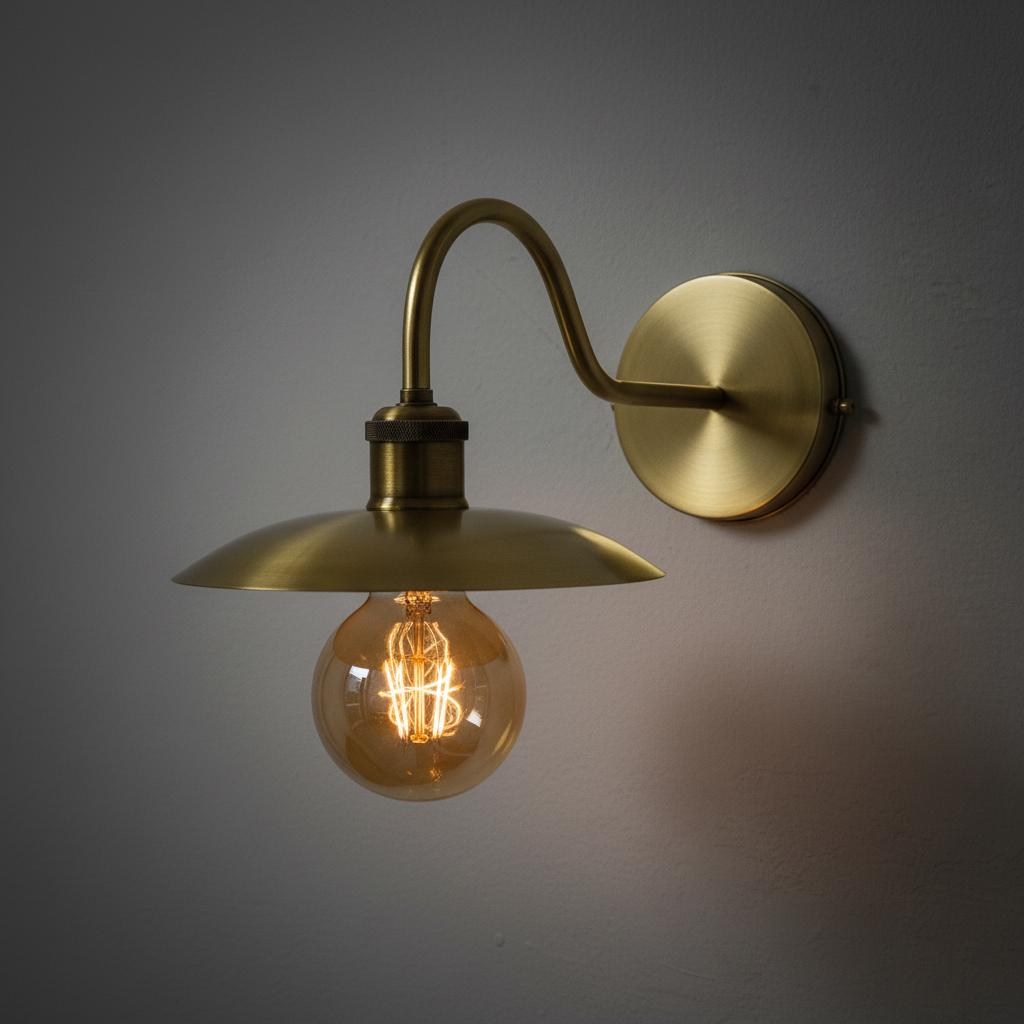 Brass wall-mounted light fixture with a glowing bulb on a gray background