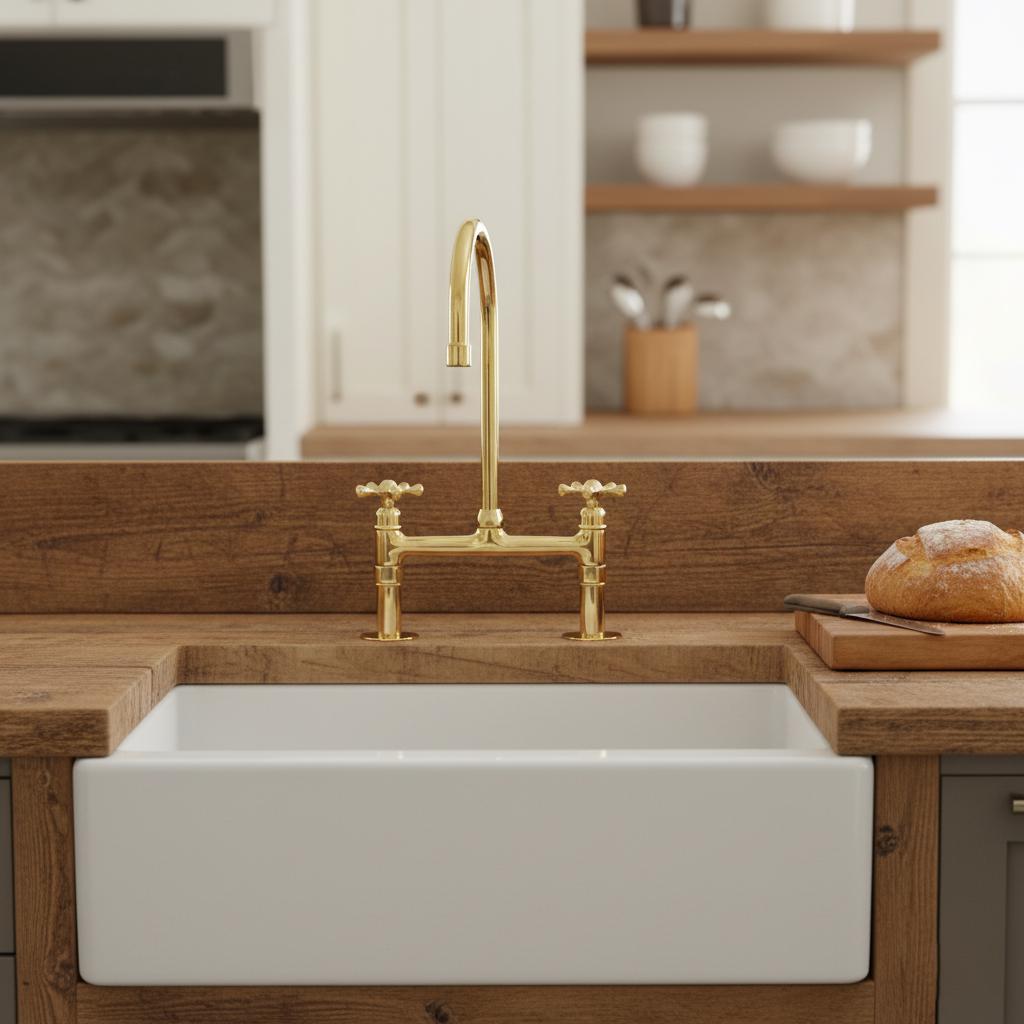 Kitchen sink with gold faucet in a wooden kitchen setting