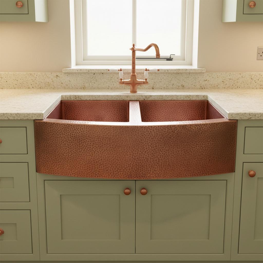 Copper farmhouse sink in a kitchen with green cabinets and a window above.