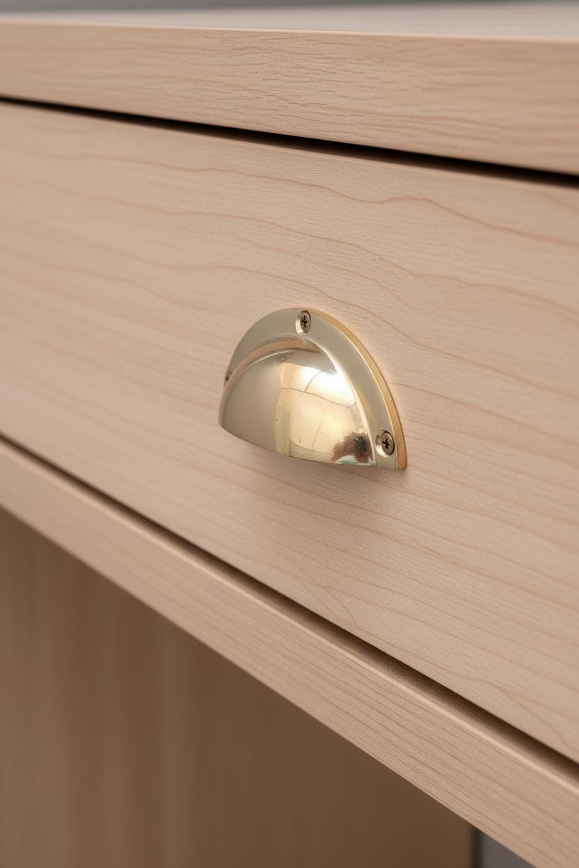Close-up of a gold cabinet knob on a wooden drawer