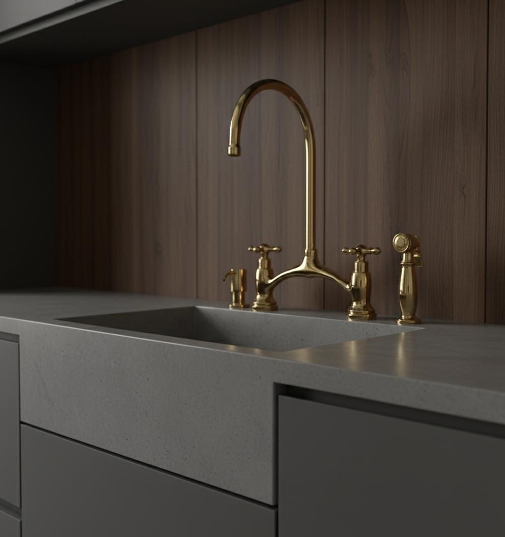 Modern kitchen sink with gold faucet against a wooden wall.