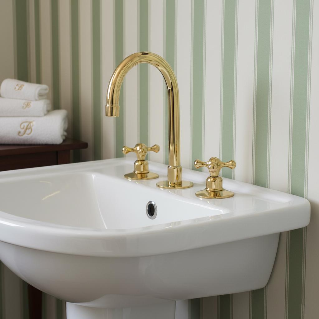 White sink with gold faucet against a striped wall