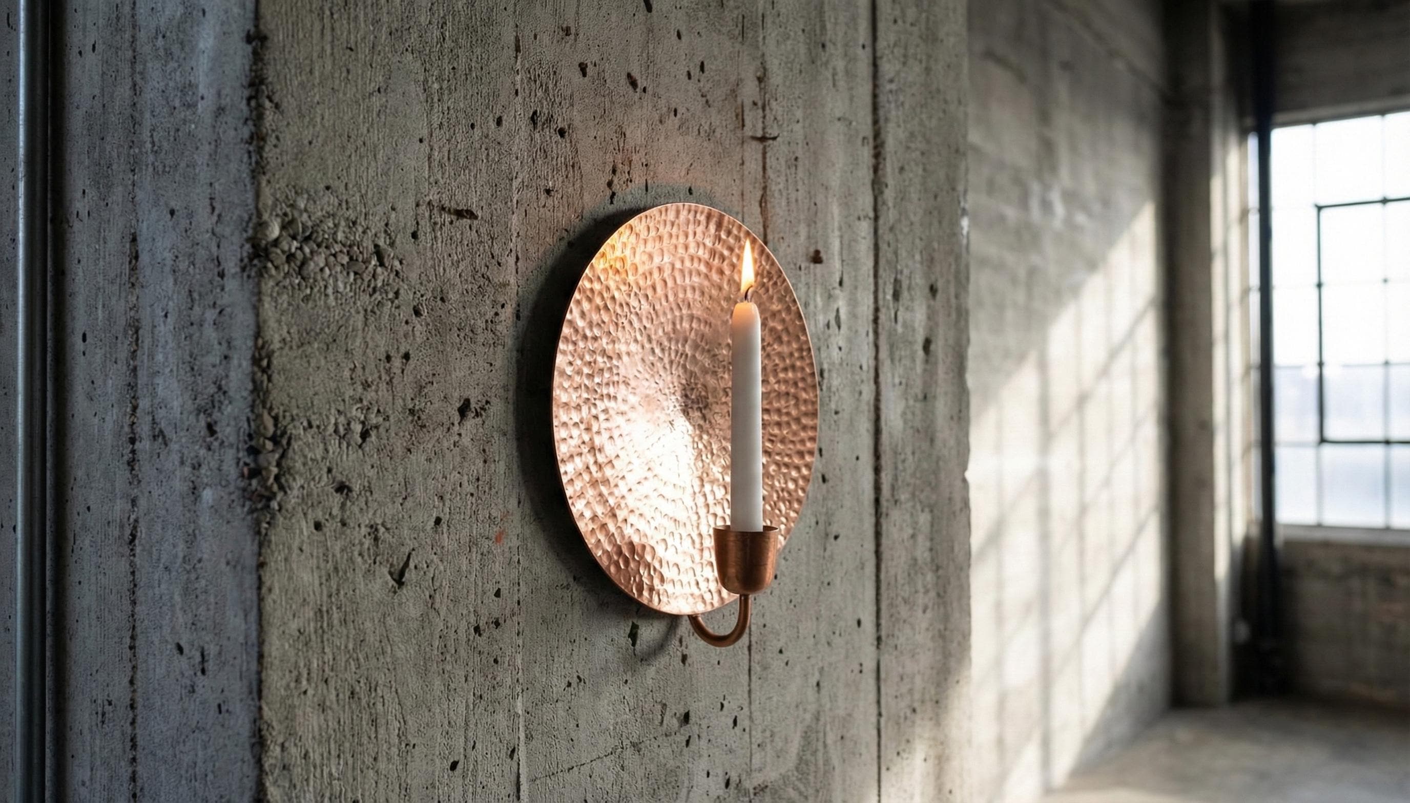 Copper wall sconce on a concrete wall with natural light