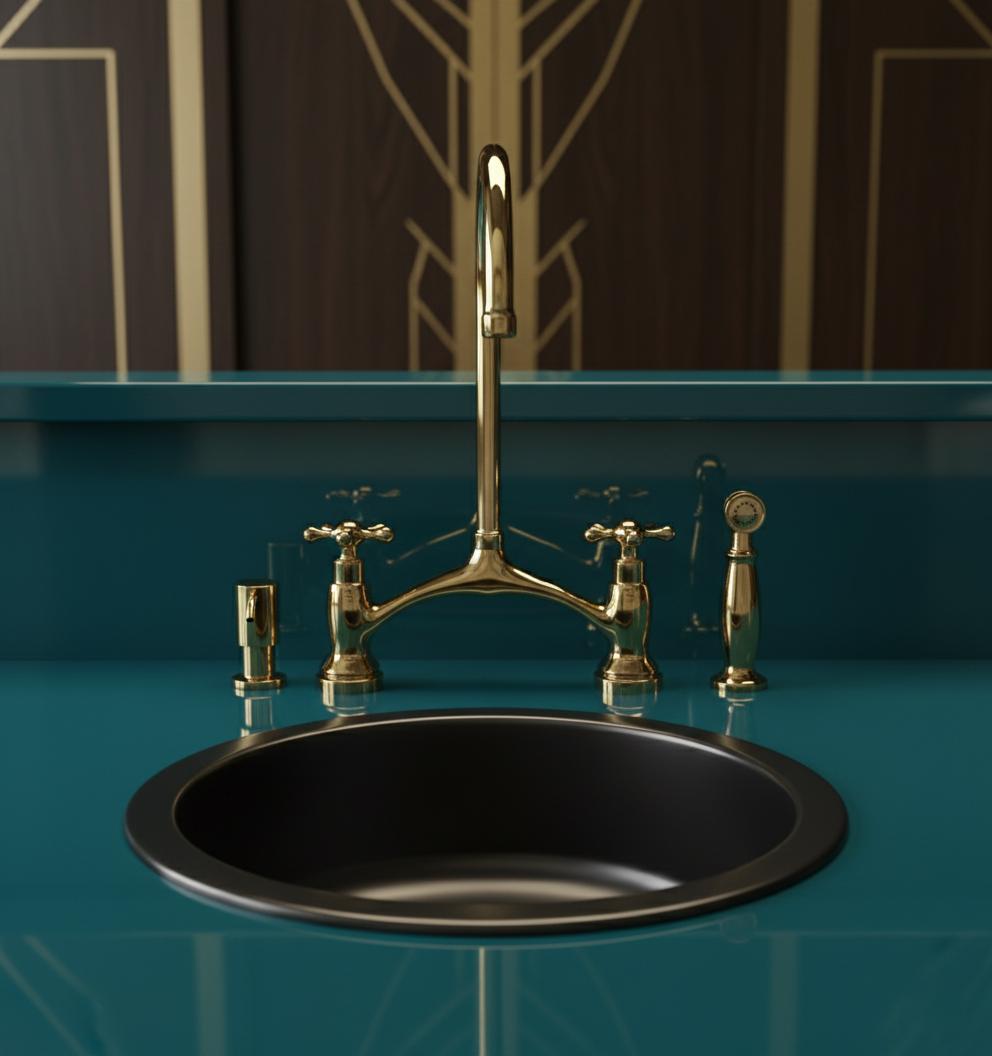 Gold faucet and handles on a black sink against a teal wall with geometric patterns.